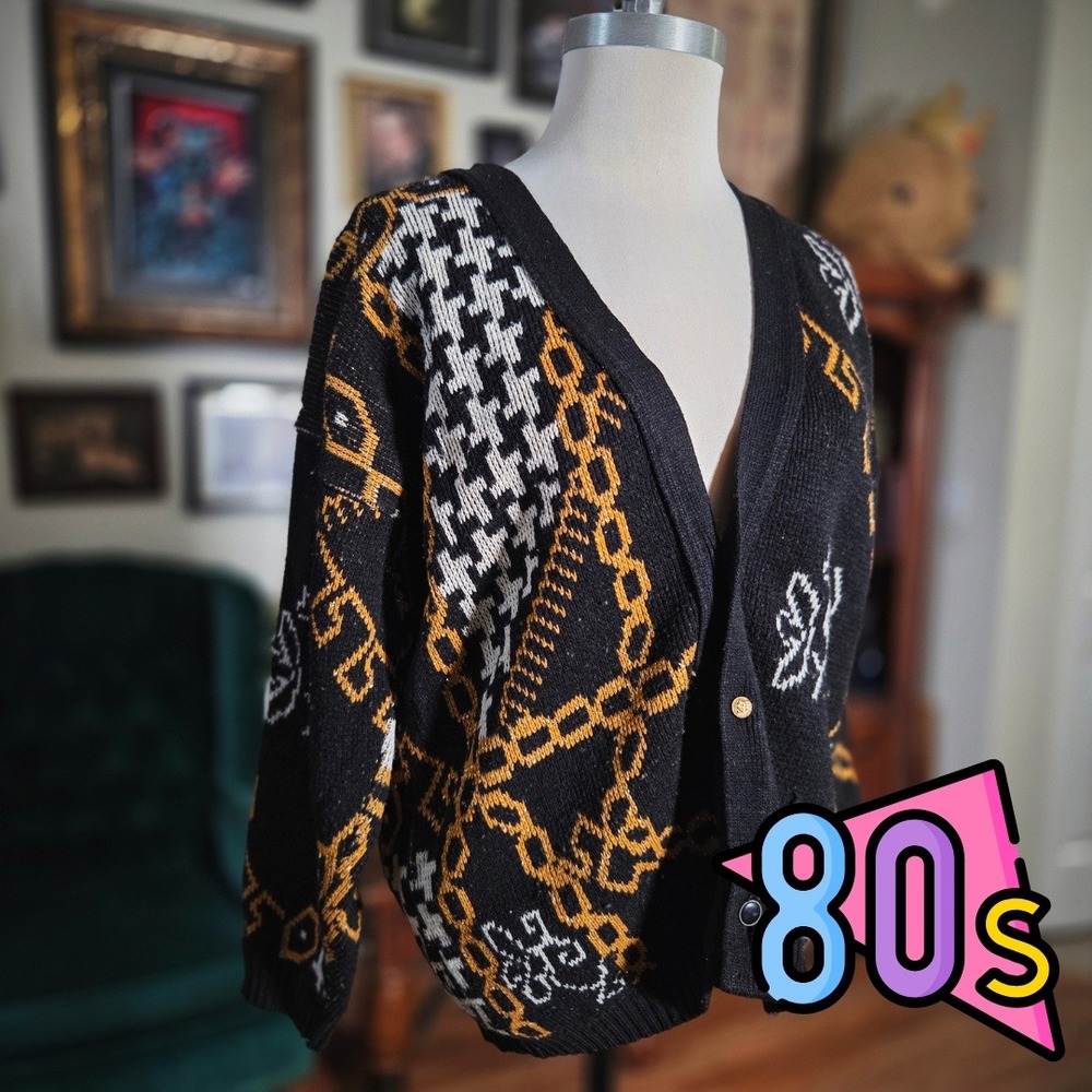 Vintage 80s Bright Lights Black Gold Chain Print Cardigan V-Neck Sweater